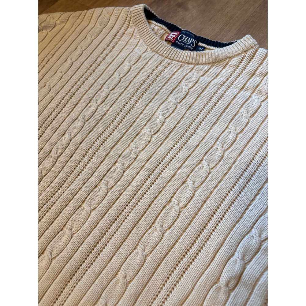 Vintage Chaps Ralph Lauren Cable Knit Sweater XLT Beige Heavy 90's Grandpa Core - Picture 2 of 8